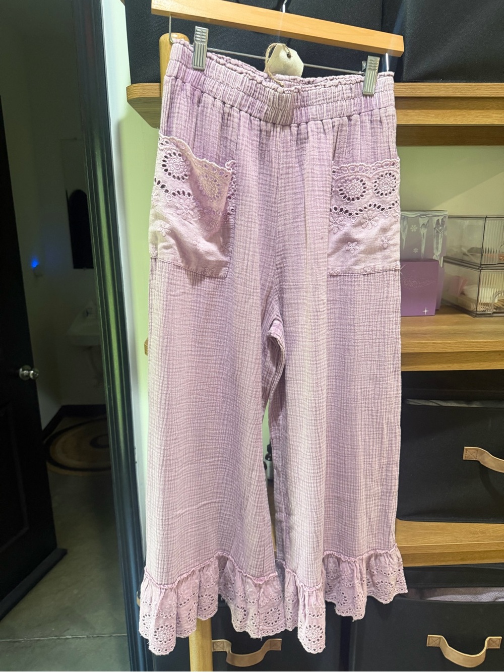 Girls' Lilac Ruffle Hem Pajama Bottoms with Eyelet Pockets